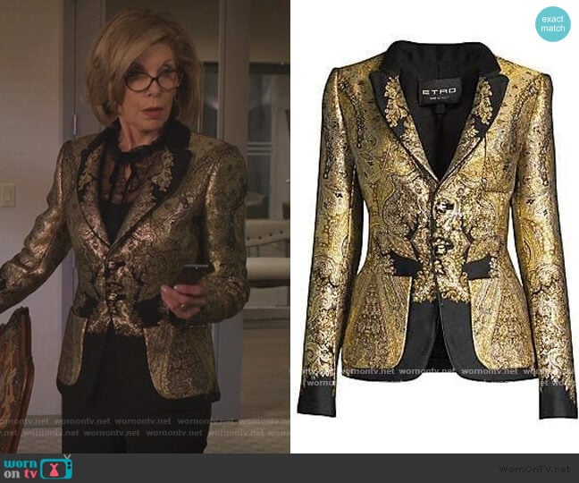 Metallic Paisley Jacquard Blazer by Etro worn by Diane Lockhart (Christine Baranski) on The Good Fight