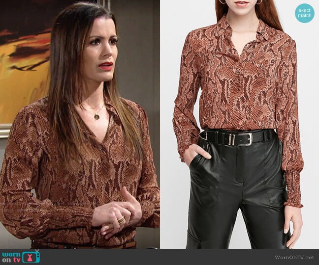 Express Snakeskin Print Smocked Cuff Shirt worn by Chelsea Lawson (Melissa Claire Egan) on The Young and the Restless