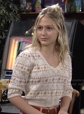 Faith’s pointelle short sleeve sweater on The Young and the Restless