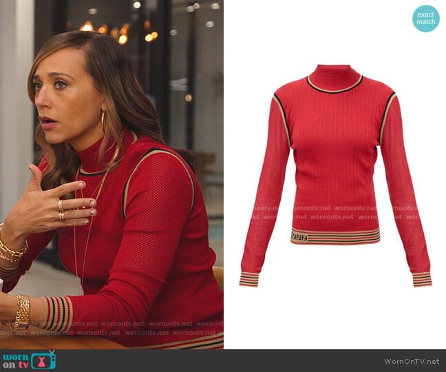 Mesh-sleeve Logo-Intarsia Silk Sweater by Fendi worn by Joya Barris (Rashida Jones) on BlackAF