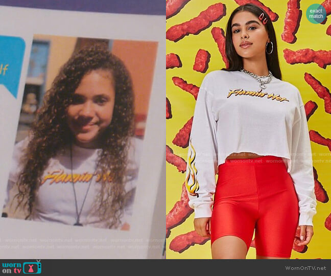 Flamin Hot Cheetos Graphic Tee by Forever 21 worn by Izzy Barris (Scarlet Spencer) on BlackAF