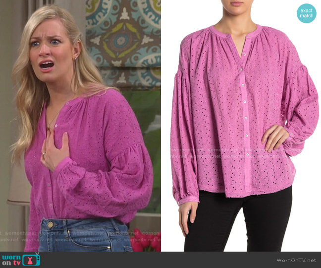 Maddison Eyelet Balloon Sleeve Blouse by Free People worn by Gemma (Beth Behrs) on The Neighborhood