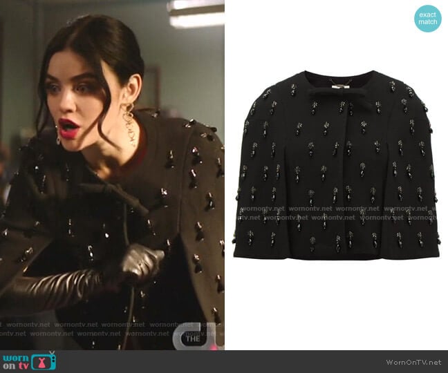 Jules Beaded Drop-Embroidered Bow Wool-Crepe Cape by Goat worn by Katy Keene (Lucy Hale) on Katy Keene