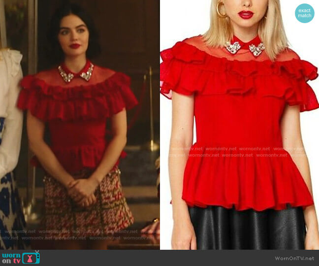 Jewel Collar Mesh Shoulder Ruffle Peplum Top by Gracia worn by Katy Keene (Lucy Hale) on Katy Keene