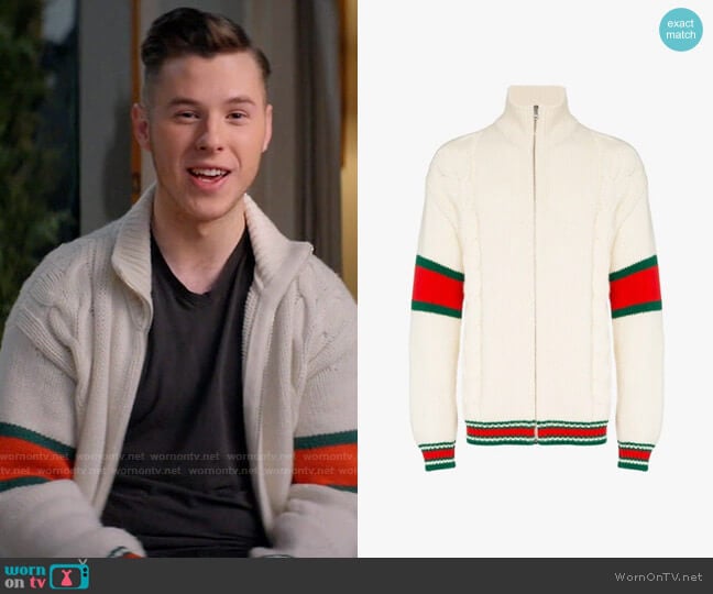 Gucci Striped Cable-Knit Wool Zip-Through Jacket worn by Luke Dunphy (Nolan Gould) on Modern Family