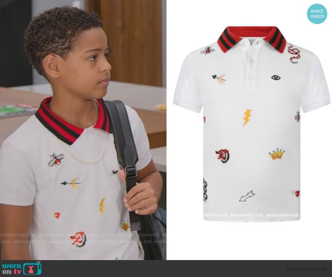 White Embroidered Polo Top by Gucci worn by Pops Barris (Justin Claiborne) on BlackAF