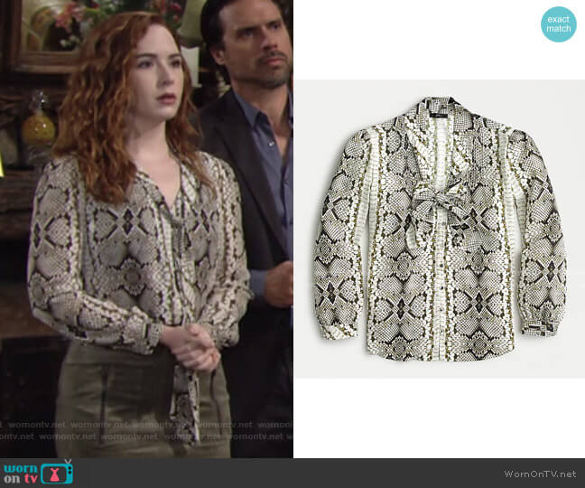 Drapey Tie-Neck Top in Snakeskin Print by J. Crew worn by Mariah Copeland (Camryn Grimes) on The Young and the Restless