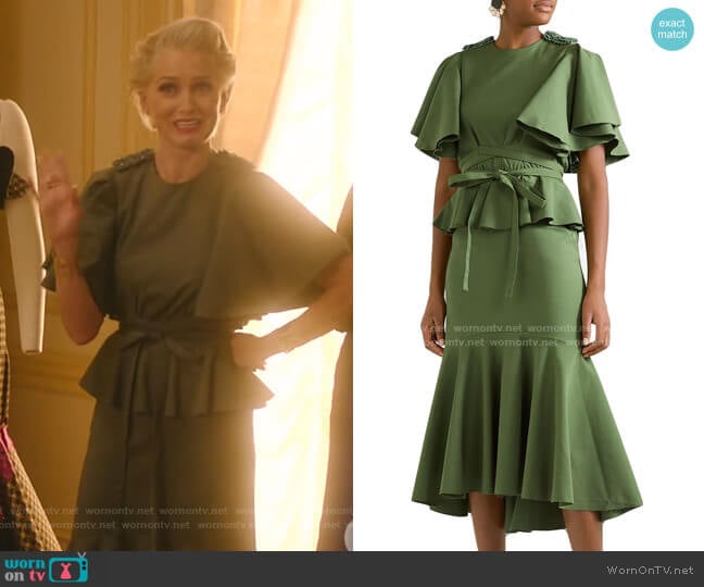 Follow The Drums Embellished Peplum Midi Dress by Johanna Ortiz worn by  Gloria Grandbilt (Katherine LaNasa) on Katy Keene