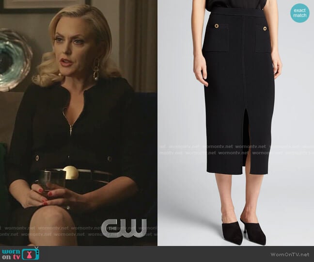 Rib-Knit Front-Slit Midi Skirt by Jonathan Simkhai worn by Alexis Carrington (Elaine Hendrix) on Dynasty