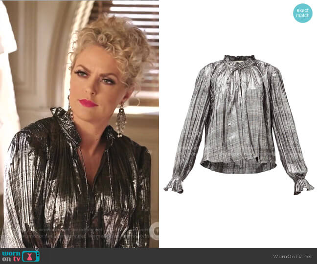 Ruffled High-Neck Lame Blouse by Jonathan Simkhai worn by Alexis Carrington (Elaine Hendrix) on Dynasty