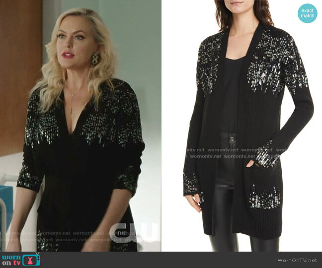 Sequin Rib Cardigan by Jonathan Simkhai worn by Alexis Carrington (Elaine Hendrix) on Dynasty