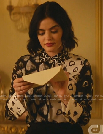 Katy’s black and white heart print blouse on Katy Keene