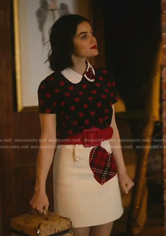 Katy’s black heart print top and white skirt on Katy Keene