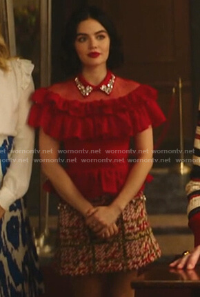 Katy’s red embellished collar ruffle top and pink plaid mini skirt on Katy Keene