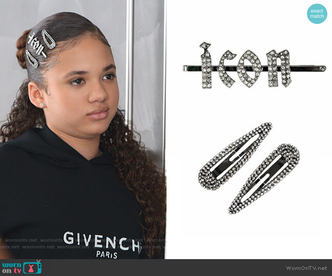 Icon Rhinestone Bobby Pin and Snap Hair Clips by kitsch worn by Izzy Barris (Scarlet Spencer) on BlackAF