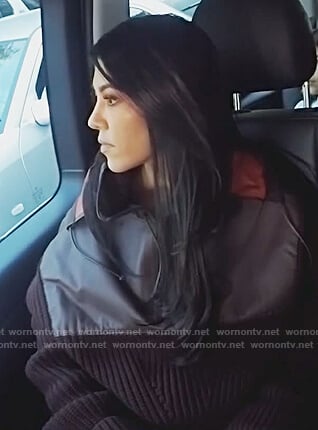 Kourtney's burgundy leather and wool hooded sweater on Keeping Up with the Kardashians