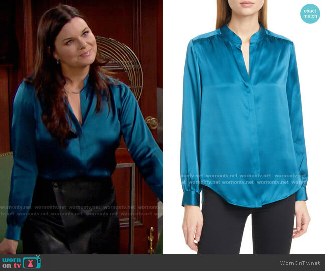 L'Agence Bianca Blouse in Cortez Blue worn by Katie Logan (Heather Tom) on The Bold & the Beautiful