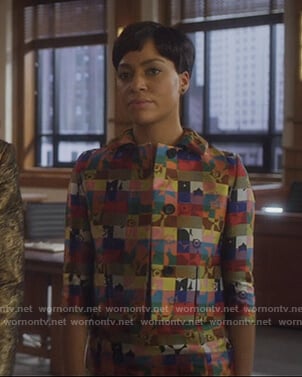 Lucca’s multicolored checked dress and jacket on The Good Fight