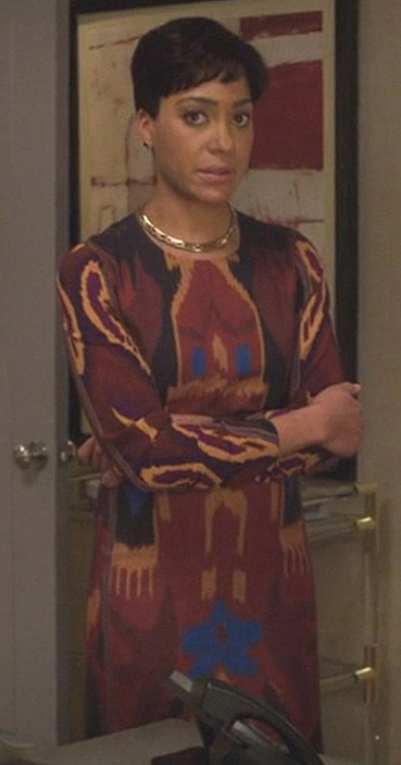 Lucca’s red ikat print dress on The Good Fight