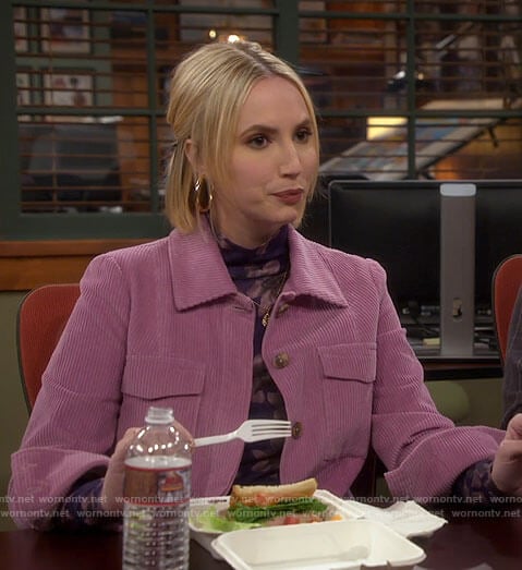 Mandy's purple floral top and pink corduroy jacket on Last Man Standing