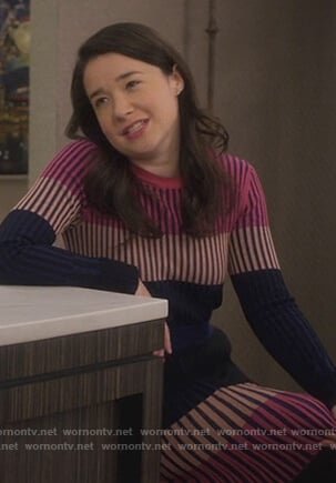 Marissa's pink ribbed colorblock sweater and skirt on The Good Fight