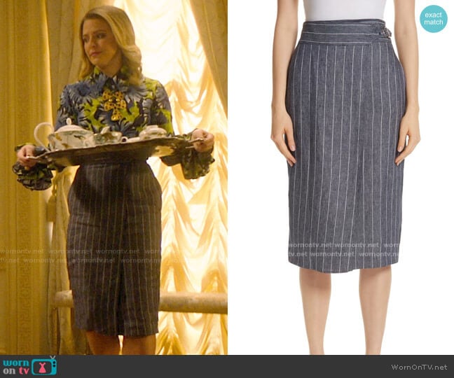 Max Mara Palco Pinstripe Linen Skirt worn by Amanda (Helene Yorke) on Katy Keene