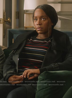 Michaela’s black striped sweater on How to Get Away with Murder