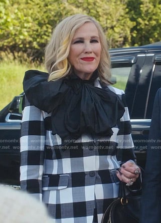 Moira's black and white gingham check suit on Schitts Creek