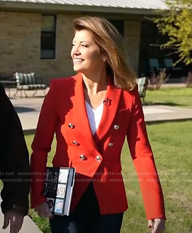 Norah’s red double breasted blazer on CBS Evening News