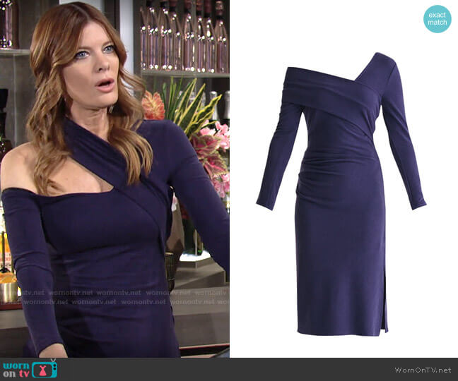 Paisie Asymmetric Bardot Dress With Side Split In Navy worn by Phyllis Summers (Michelle Stafford) on The Young and the Restless