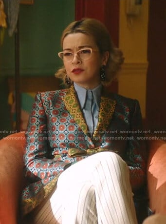 Pepper's geometric print jacket on Katy Keene