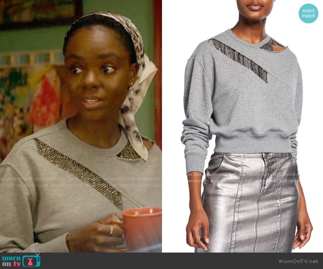 Pinko Embellished Crewneck Sweatshirt w/ Cutout worn by Josie McCoy (Ashleigh Murray) on Katy Keene