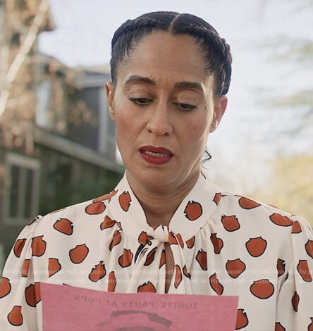 Rainbow’s white printed tie neck blouse on Black-ish