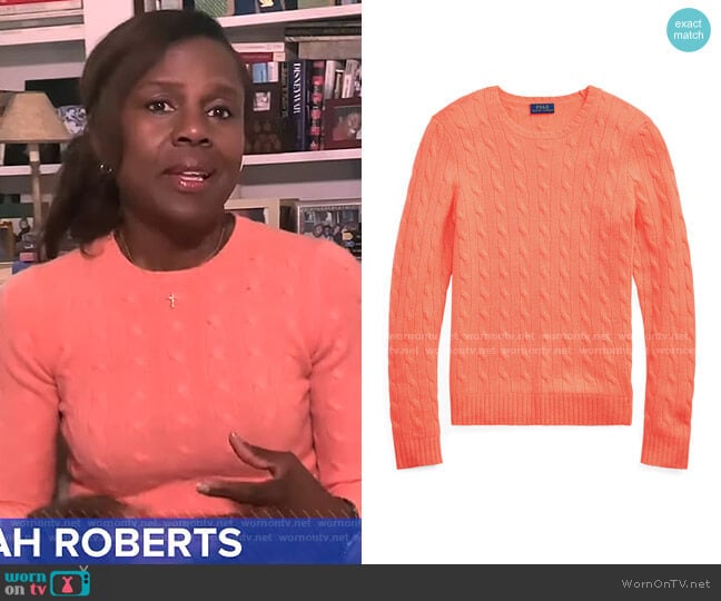 Cable Knit Cashmere Sweater by Ralph Lauren worn by Deborah Roberts  on Good Morning America