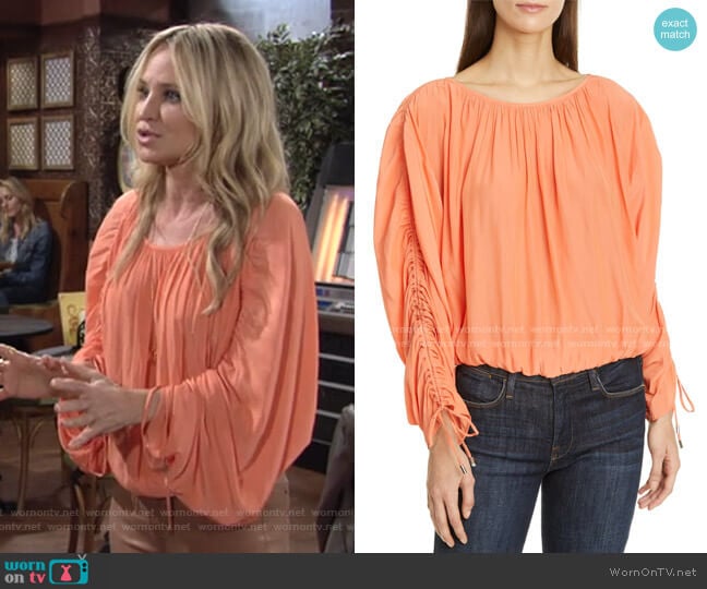 Ruched Sleeve Peasant Top by Ramy Brook worn by Sharon Newman (Sharon Case) on The Young and the Restless