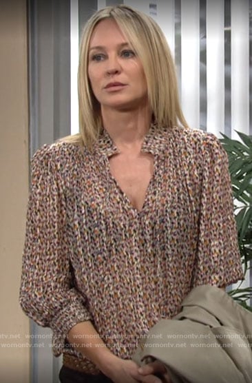 Sharon's mini printed blouse on The Young and the Restless