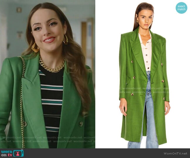 Green herringbone coat by Smythe worn by Fallon Carrington (Elizabeth Gillies) on Dynasty