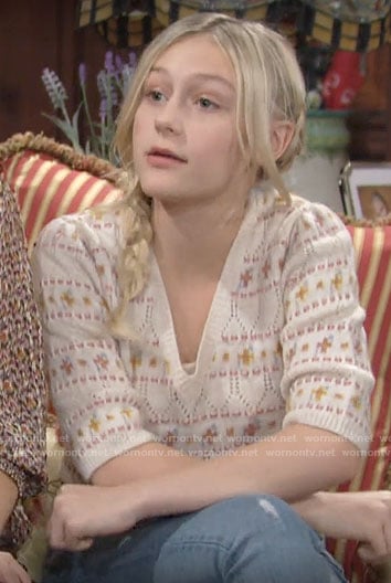 Faith’s pointelle short sleeve sweater on The Young and the Restless