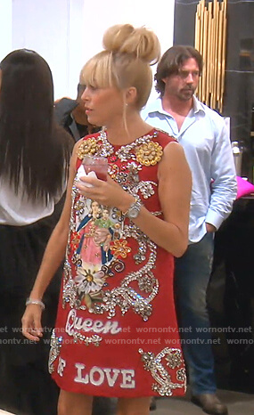 Sutton's red Queen of Love embellished dress on The Real Housewives of Beverly Hills