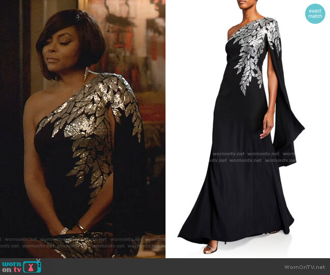 Crepe One-Shoulder Gown with Draped-Sleeve by Tadashi Shoji worn by Cookie Lyon (Taraji P. Henson) on Empire