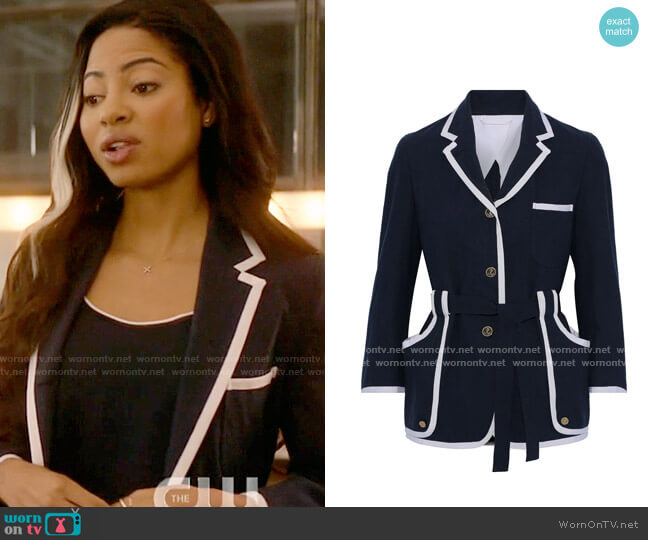 Thom Brown Belted grosgrain-trimmed cotton-crepe jacket worn by Alexandra Cabot (Camille Hyde) on Katy Keene