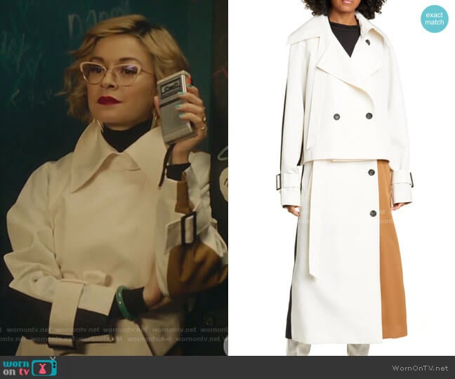 Colorblock Techy Twill Convertible Trench Coat by Tibi worn by Pepper Smith (Julia Chan) on Katy Keene