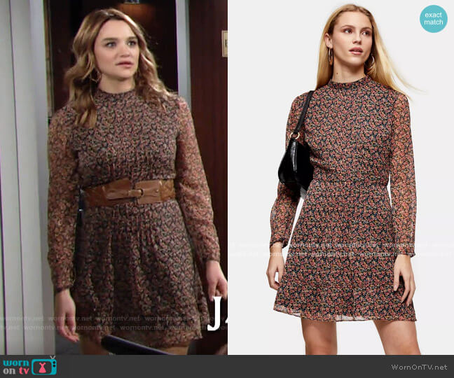 Topshop Floral Pintuck Mini Tea Dress worn by Summer Newman (Hunter King) on The Young and the Restless