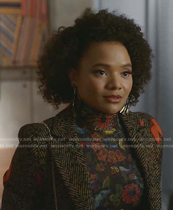 Vanesssa's floral turtleneck top and heart patch blazer on Dynasty