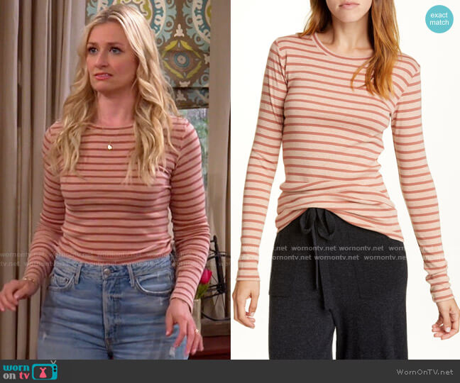 Vince Feeder Stripe Long Sleeve Pima Cotton Blend Top worn by Gemma (Beth Behrs) on The Neighborhood