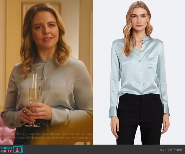 Slim Fit Band Collar Silk Blouse by Vince worn by Amanda (Helene Yorke) on Katy Keene