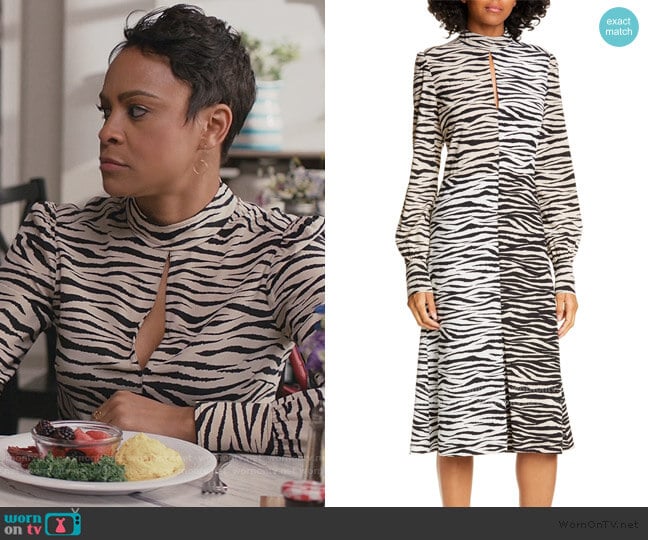 Kennedy Long Sleeve Tiger Print Dress by A.L.C. worn by Angela (Carly Hughes
) on American Housewife