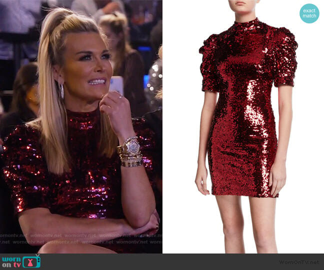 Brenna by Sequin Mock-Neck Puff-Sleeve Fitted Dress by Alice + Olivia worn by Tinsley Mortimer on The Real Housewives of New York City