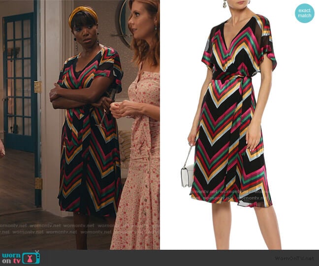 Lexa wrap-effect striped burnout satin dress by Alice + Olivia worn by Helen Decatur (Heather Headley) on Sweet Magnolias