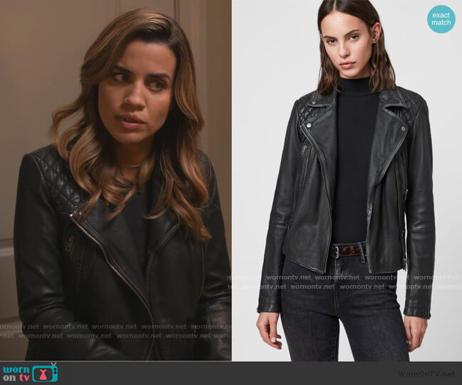 Cargo Leather Biker Jacket by All Saints worn by Natalie Morales on Dead to Me